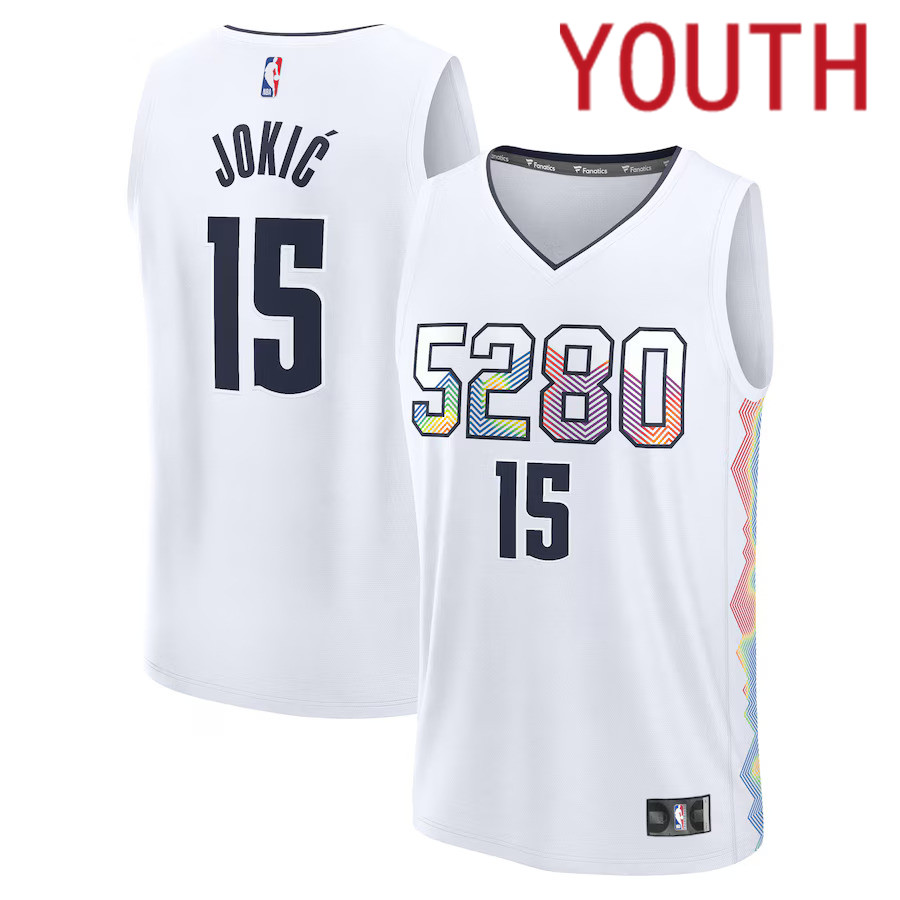 Youth Denver Nuggets #15 Nikola Jokic Fanatics White City Edition 2024-25 Fast Break Player NBA Jersey->youth nba jersey->Youth Jersey